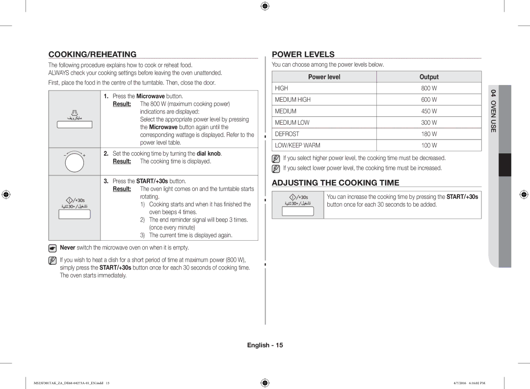 Samsung MS23F301TAK/OL, MS23F301TAK/ZA Cooking/Reheating, Power Levels, Adjusting the Cooking Time, Power level Output 