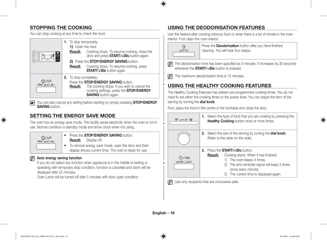 Samsung MS23F301TAK/ZA manual Stopping the Cooking, Setting the Energy Save Mode, Using the Deodorisation Features 