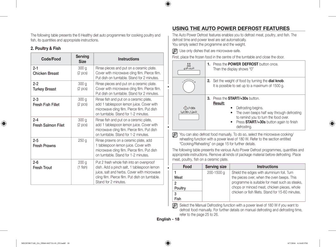 Samsung MS23F301TAK/ZA, MS23F301TAK/OL manual Using the Auto Power Defrost Features, Code/Food, Result 