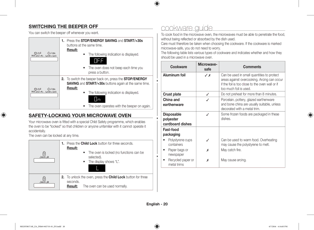 Samsung MS23F301TAK/ZA, MS23F301TAK/OL manual Cookware guide, Switching the Beeper OFF, SAFETY-LOCKING Your Microwave Oven 