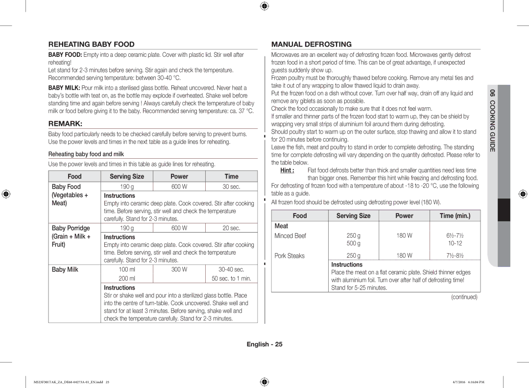 Samsung MS23F301TAK/OL, MS23F301TAK/ZA manual Food Serving Size Power Time 