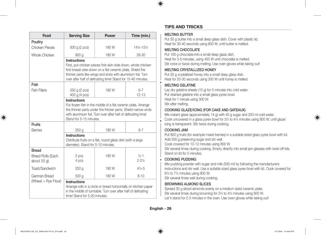 Samsung MS23F301TAK/ZA Poultry Chicken Pieces, 14½-15½, Whole Chicken, 28-30, About 50 g Pcs Toast/Sandwich 250 g 180 W 