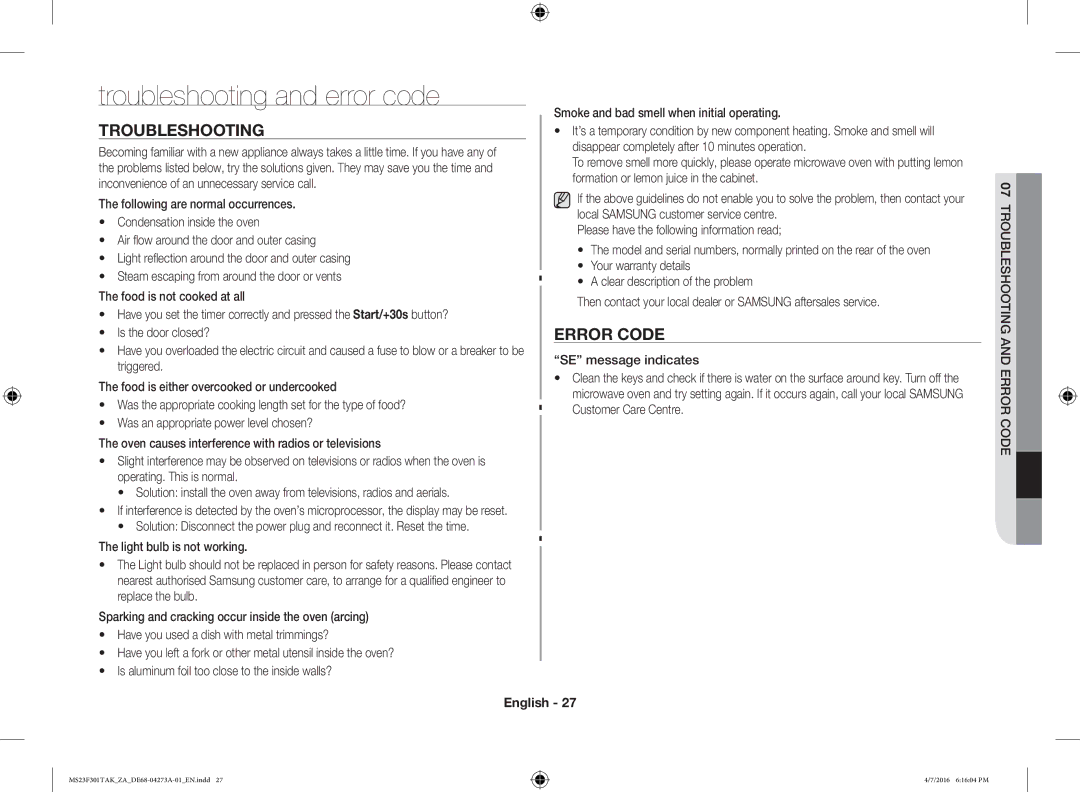 Samsung MS23F301TAK/OL, MS23F301TAK/ZA manual Troubleshooting and error code, Error Code 