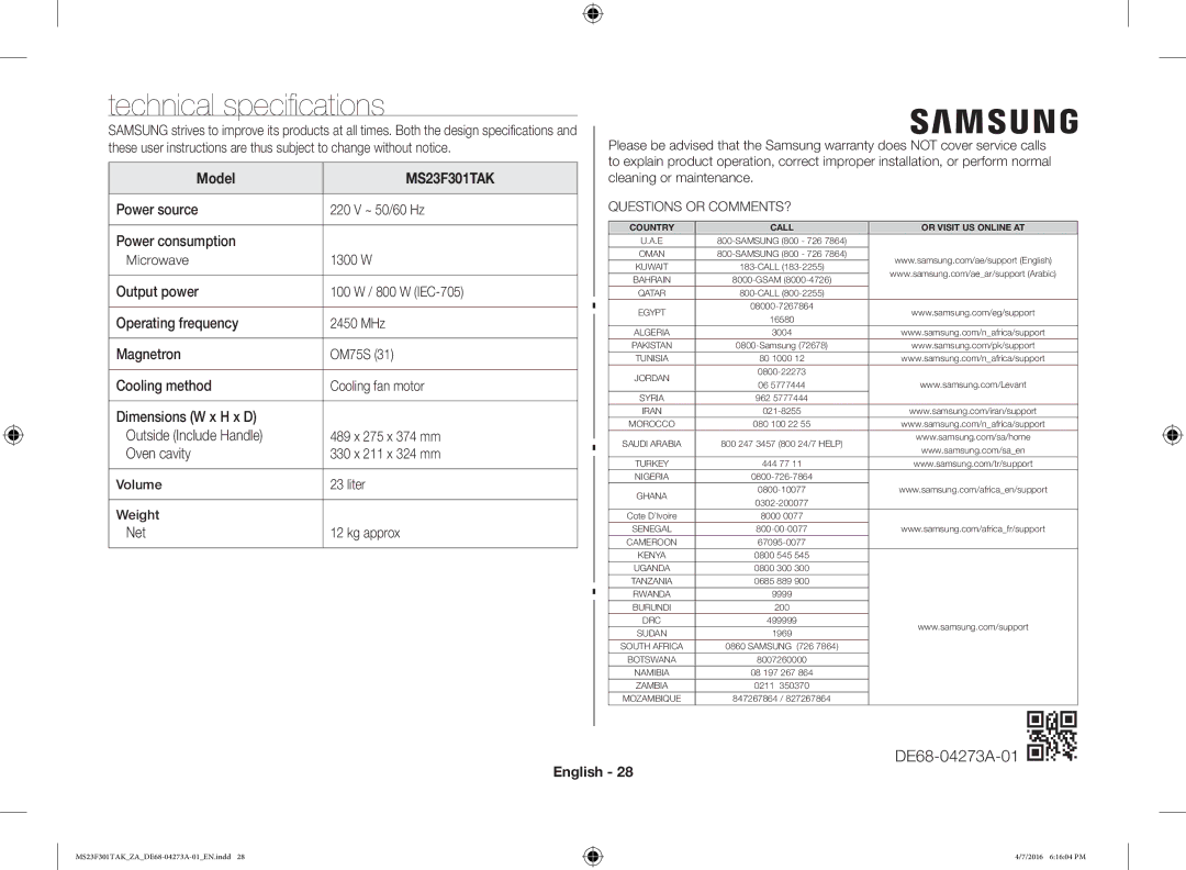 Samsung MS23F301TAK/ZA, MS23F301TAK/OL manual Technical specifications, Model 