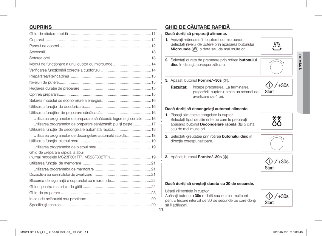 Samsung MS23F301TAK/OL, MS23F301TAS/EO, MS23F301TAK/ZA Cuprins, Ghid DE Căutare Rapidă, Dacă doriţi să preparaţi alimente 