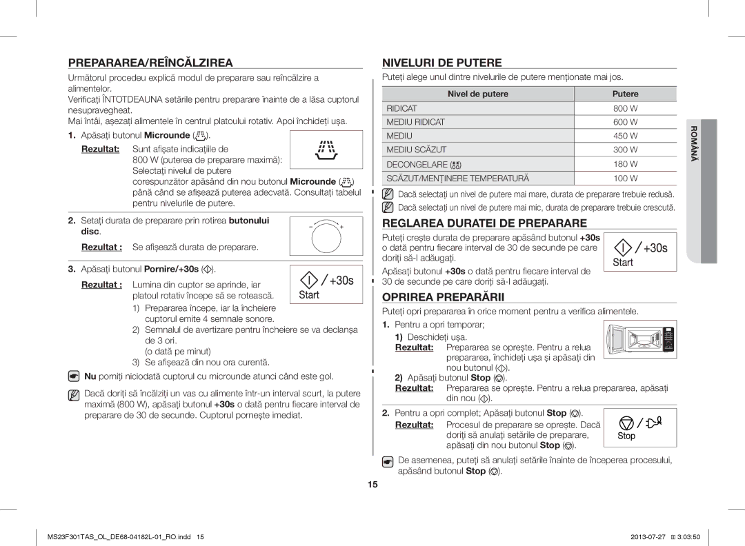 Samsung MS23F301TAS/EO Prepararea/Reîncălzirea, Niveluri DE Putere, Reglarea Duratei DE Preparare, Oprirea Preparării 