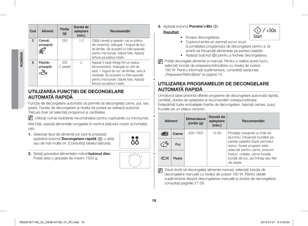 Samsung MS23F301TAK/OL, MS23F301TAS/EO, MS23F301TAK/ZA, MS23F301TAS/OL Utilizarea Funcţiei DE Decongelare Automată Rapidă 