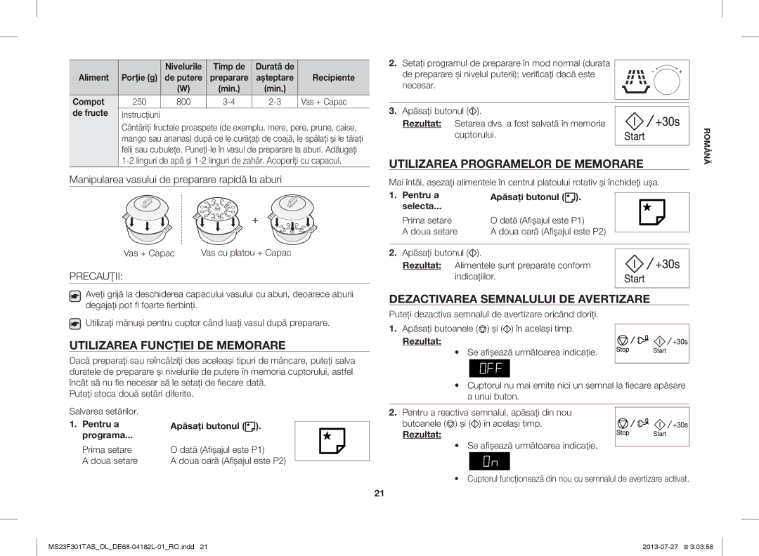 Samsung MS23F301TAK/LI, MS23F301TAS/EO manual Utilizarea Funcţiei DE Memorare, Utilizarea Programelor DE Memorare, Precauţii 