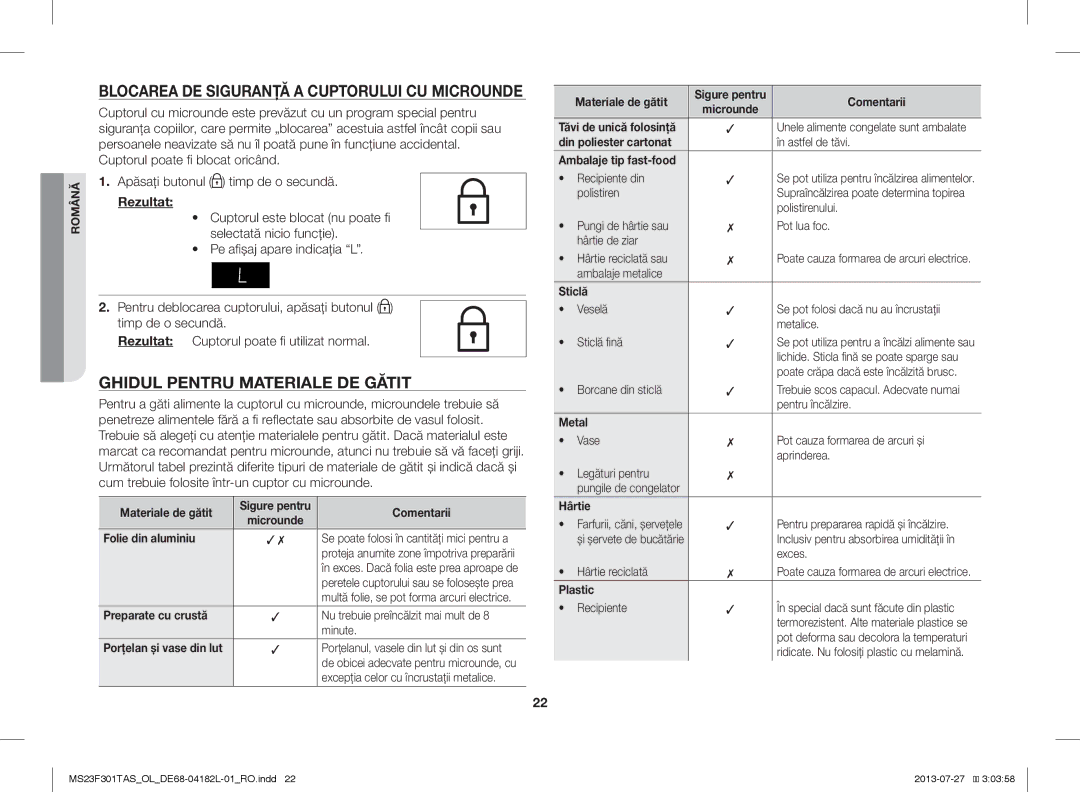 Samsung MS23F301TAS/EO, MS23F301TAK/ZA, MS23F301TAS/OL, MS23F301TAK/OL, MS23F301TAW/OL manual Ghidul Pentru Materiale DE Gătit 