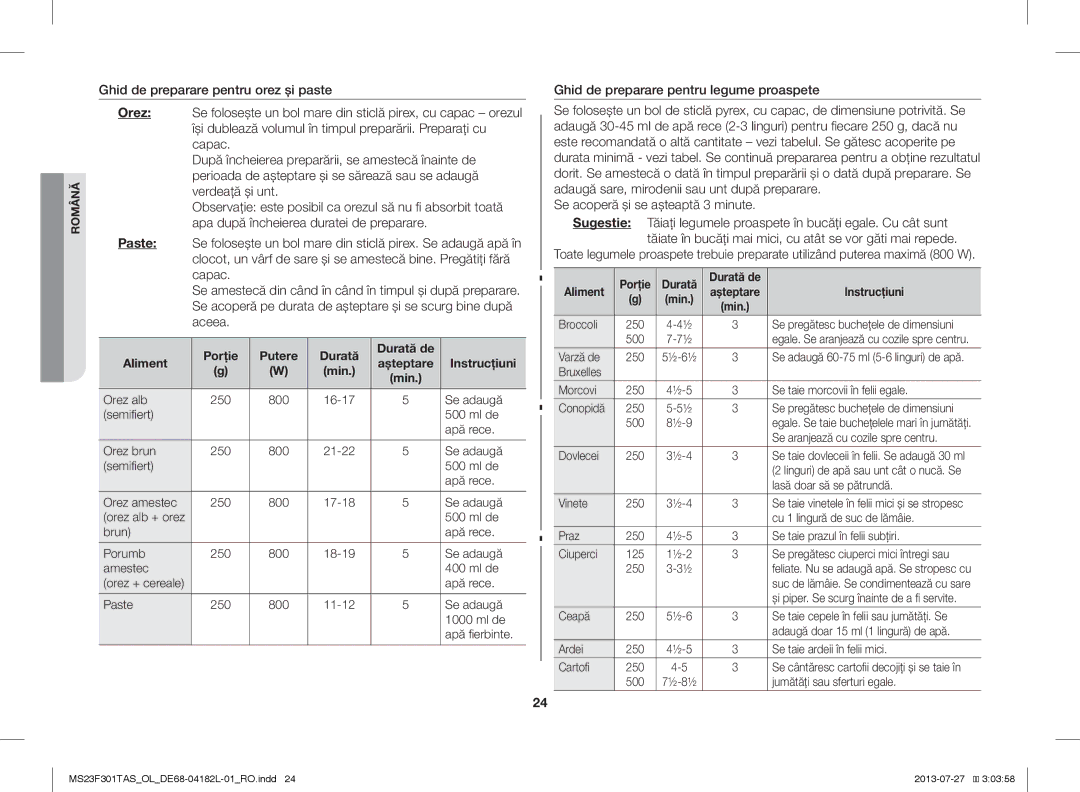 Samsung MS23F301TAS/OL, MS23F301TAS/EO, MS23F301TAK/ZA, MS23F301TAK/OL, MS23F301TAW/OL manual Porţie Durată Durată de Aliment 