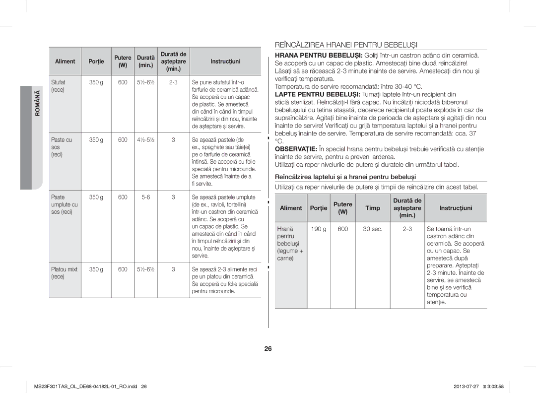 Samsung MS23F301TAW/OL, MS23F301TAS/EO, MS23F301TAK/ZA Reîncălzirea Hranei Pentru Bebeluşi, Putere Durată de Aliment, Timp 