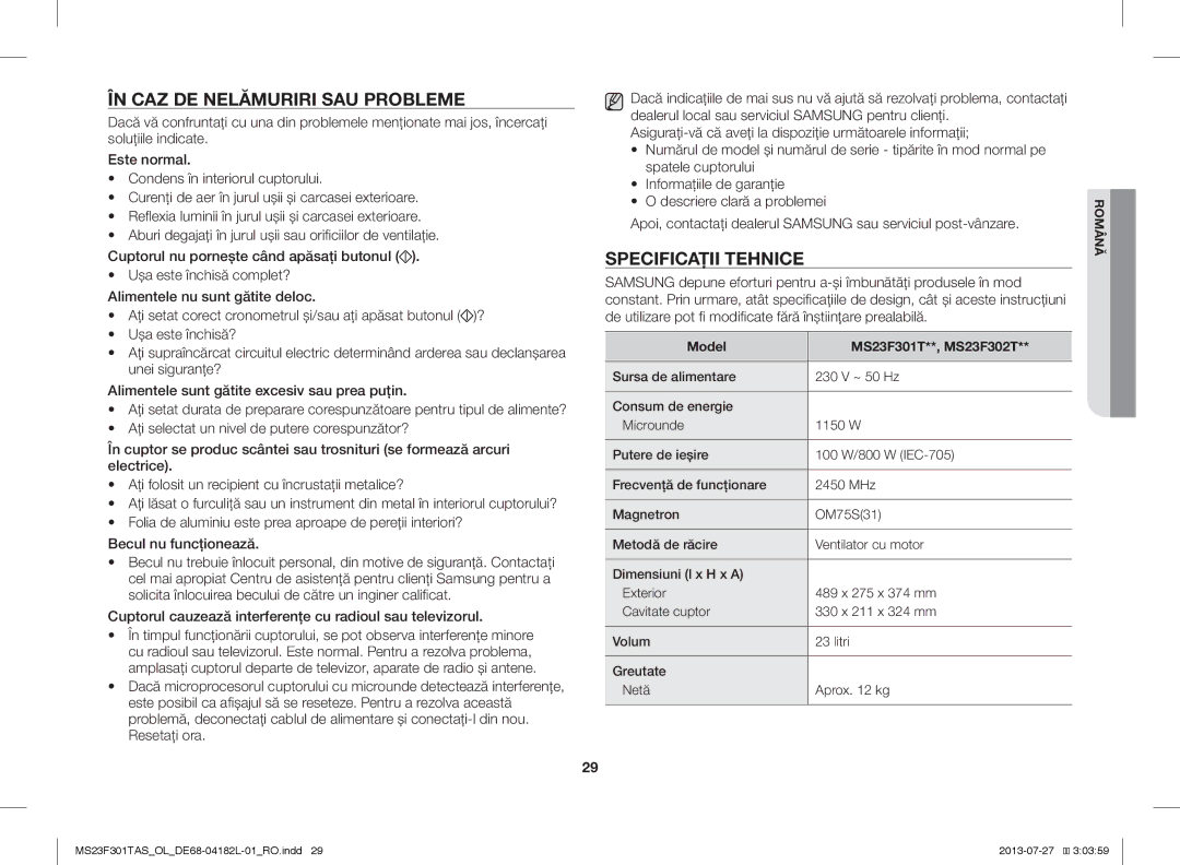 Samsung MS23F301TAS/EO, MS23F301TAK/ZA, MS23F301TAS/OL manual ÎN CAZ DE Nelămuriri SAU Probleme, Specificaţii Tehnice 