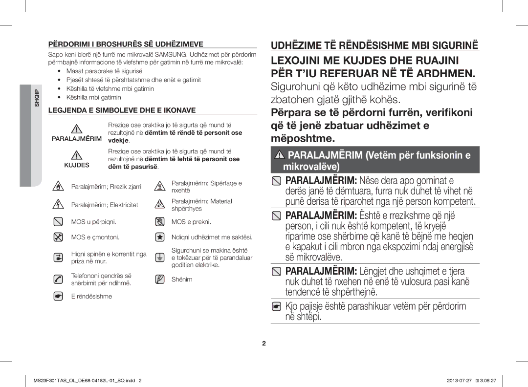 Samsung MS23F301TAK/OL manual Kjo pajisje është parashikuar vetëm për përdorim në shtëpi, Paralajmërim Kujdes, Shënim 