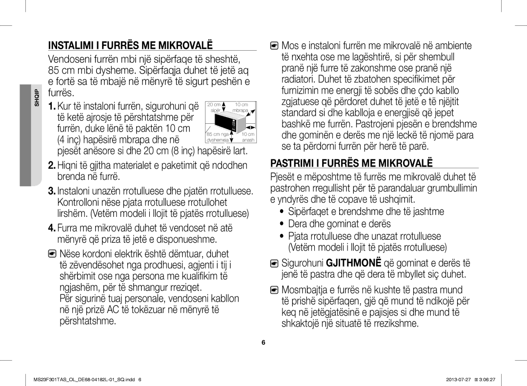 Samsung MS23F301TAS/EO, MS23F301TAK/ZA, MS23F301TAS/OL manual Inç hapësirë mbrapa dhe në, Pastrimi I Furrës ME Mikrovalë 