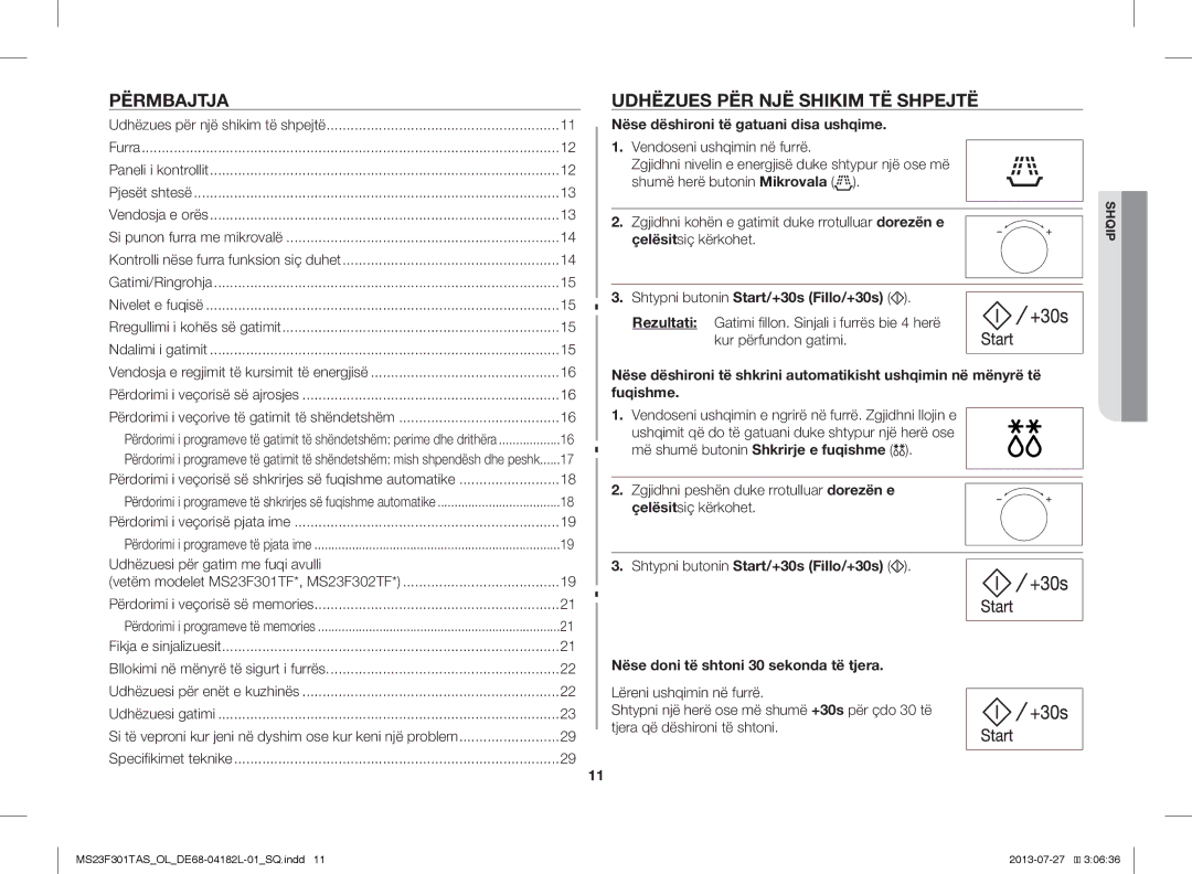 Samsung MS23F301TAS/LI manual Përmbajtja, Udhëzues PËR NJË Shikim TË Shpejtë, Nëse dëshironi të gatuani disa ushqime 