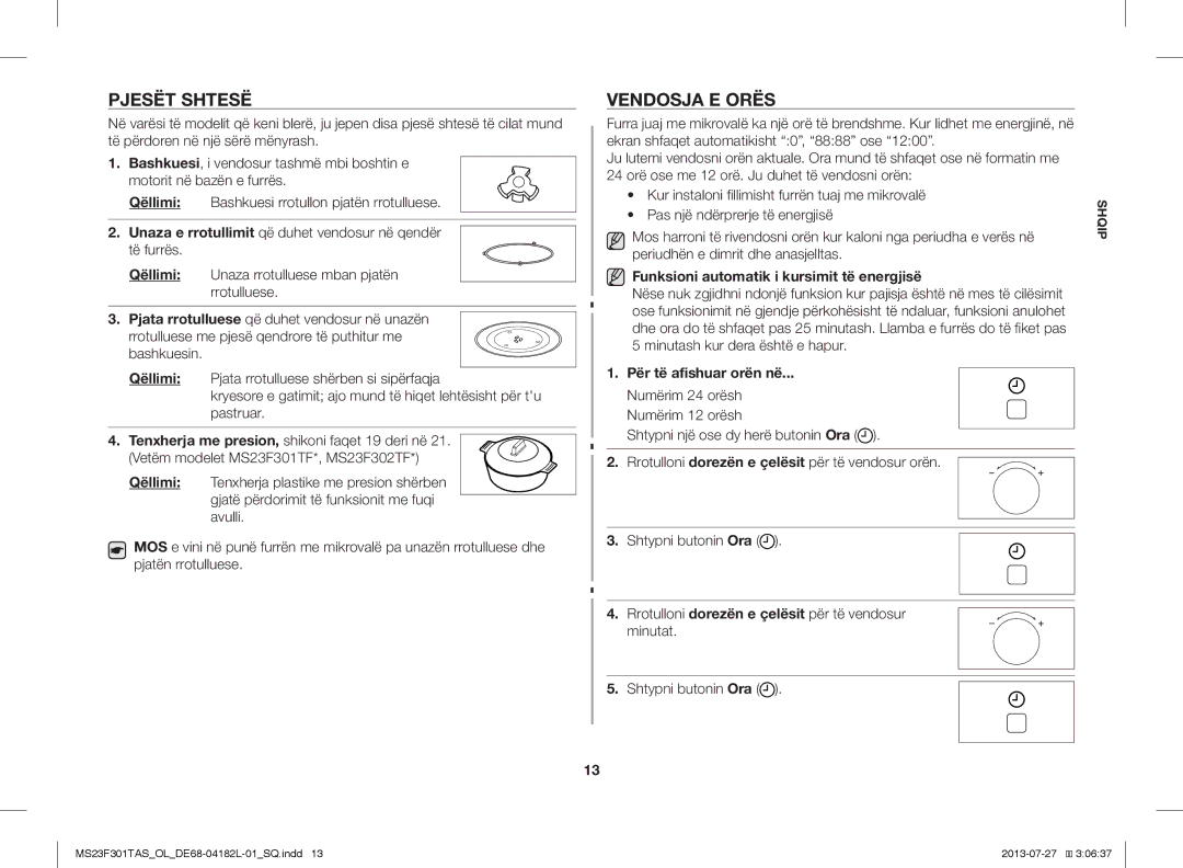 Samsung MS23F301TAS/EO, MS23F301TAK/ZA manual Pjesët Shtesë, Vendosja E Orës, Funksioni automatik i kursimit të energjisë 