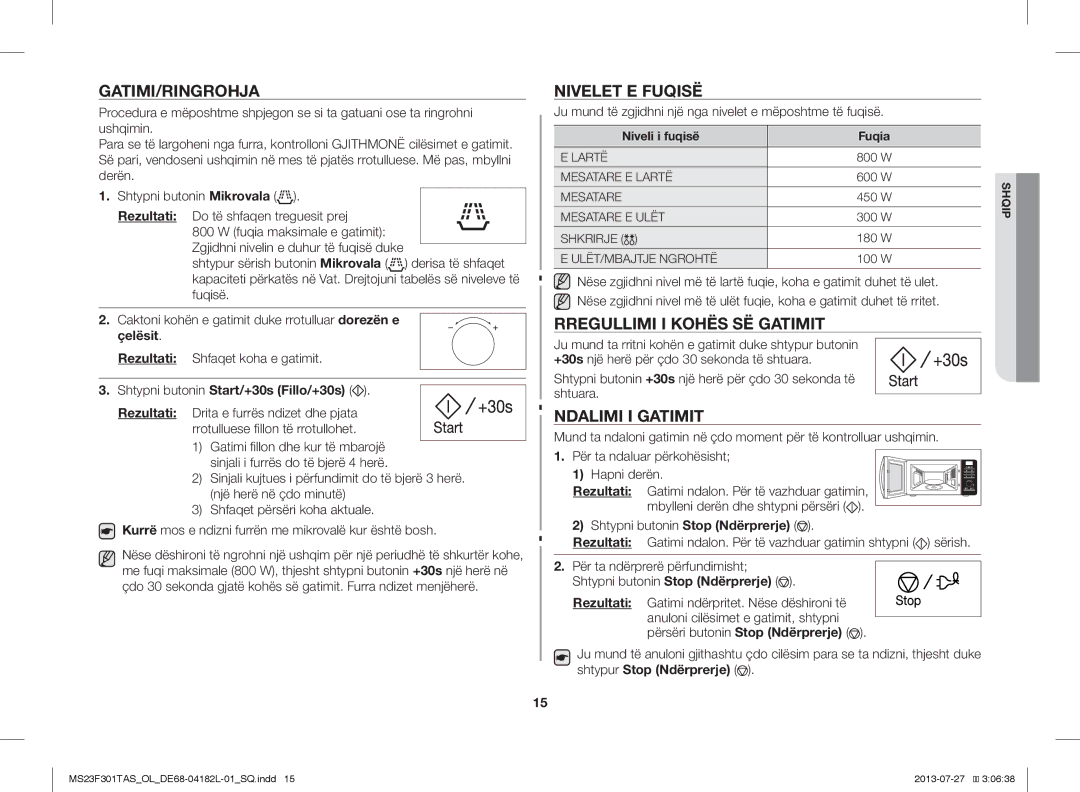 Samsung MS23F301TAS/OL manual Gatimi/Ringrohja, Nivelet E Fuqisë, Rregullimi I Kohës SË Gatimit, Ndalimi I Gatimit 