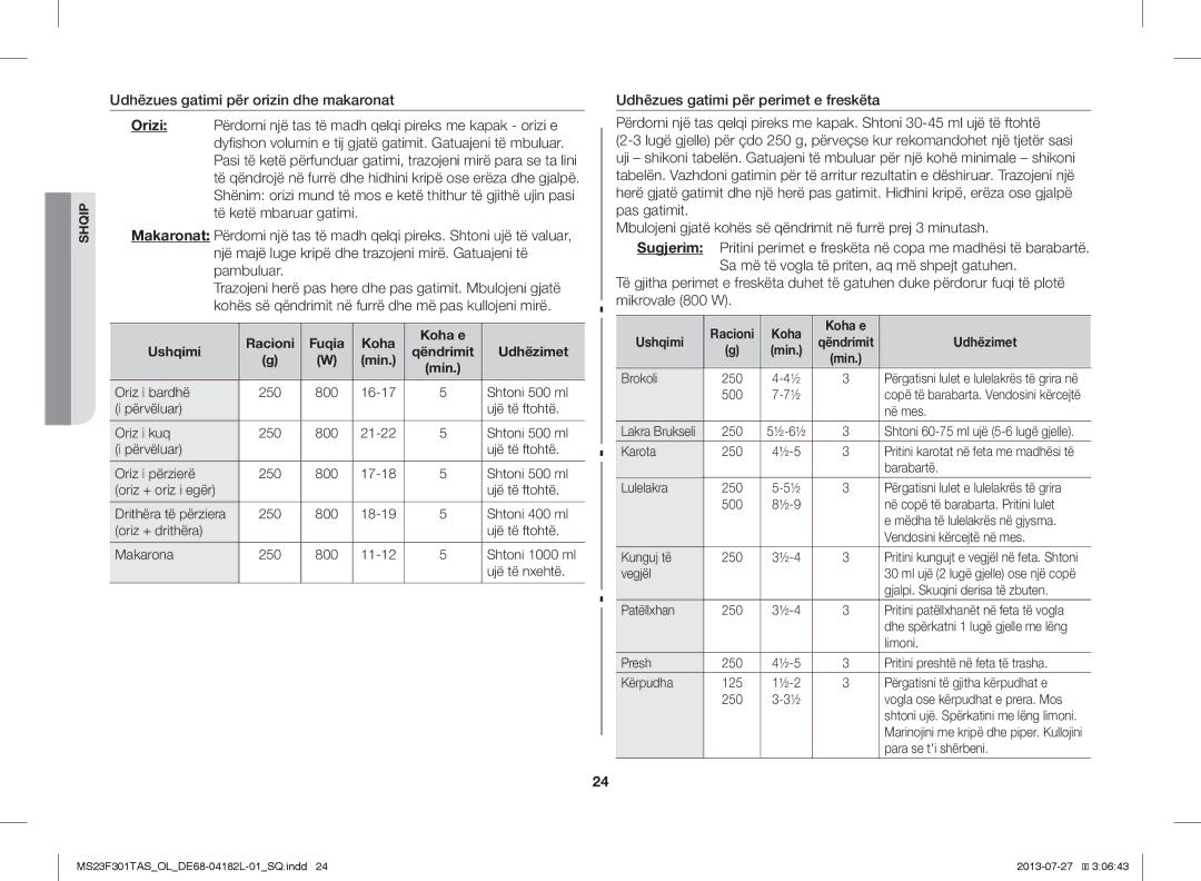 Samsung MS23F301TAW/OL manual Racioni Fuqia Koha Koha e Ushqimi Qëndrimit Udhëzimet Min, Racioni Koha Koha e Ushqimi 