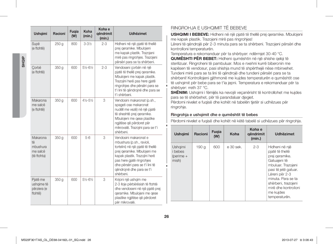 Samsung MS23F301TAK/LI, MS23F301TAS/EO manual Ringrohja E Ushqimit TË Bebeve, Fuqia Koha e Ushqimi, Qëndrimit Udhëzimet 