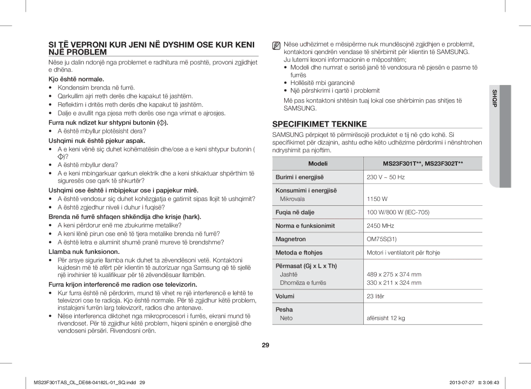 Samsung MS23F301TAS/OL manual SI TË Veproni KUR Jeni NË Dyshim OSE KUR Keni NJË Problem, Specifikimet Teknike, Samsung 