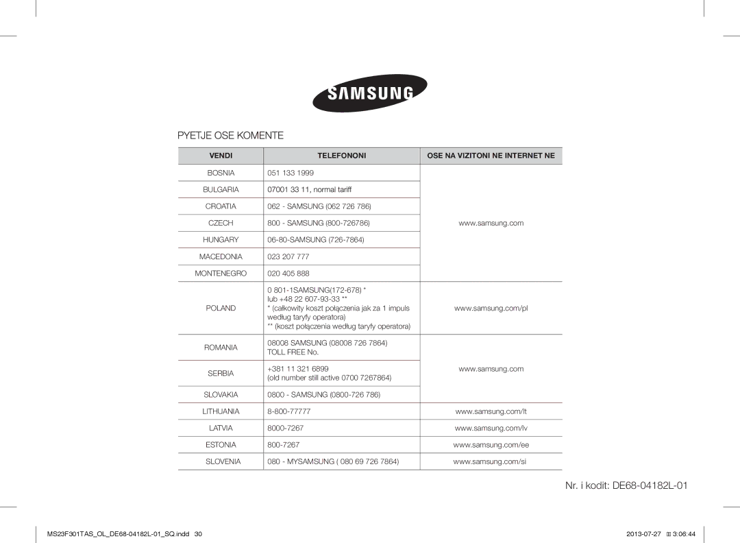 Samsung MS23F301TAK/OL, MS23F301TAS/EO, MS23F301TAK/ZA, MS23F301TAS/OL, MS23F301TAW/OL manual Nr. i kodit DE68-04182L-01 