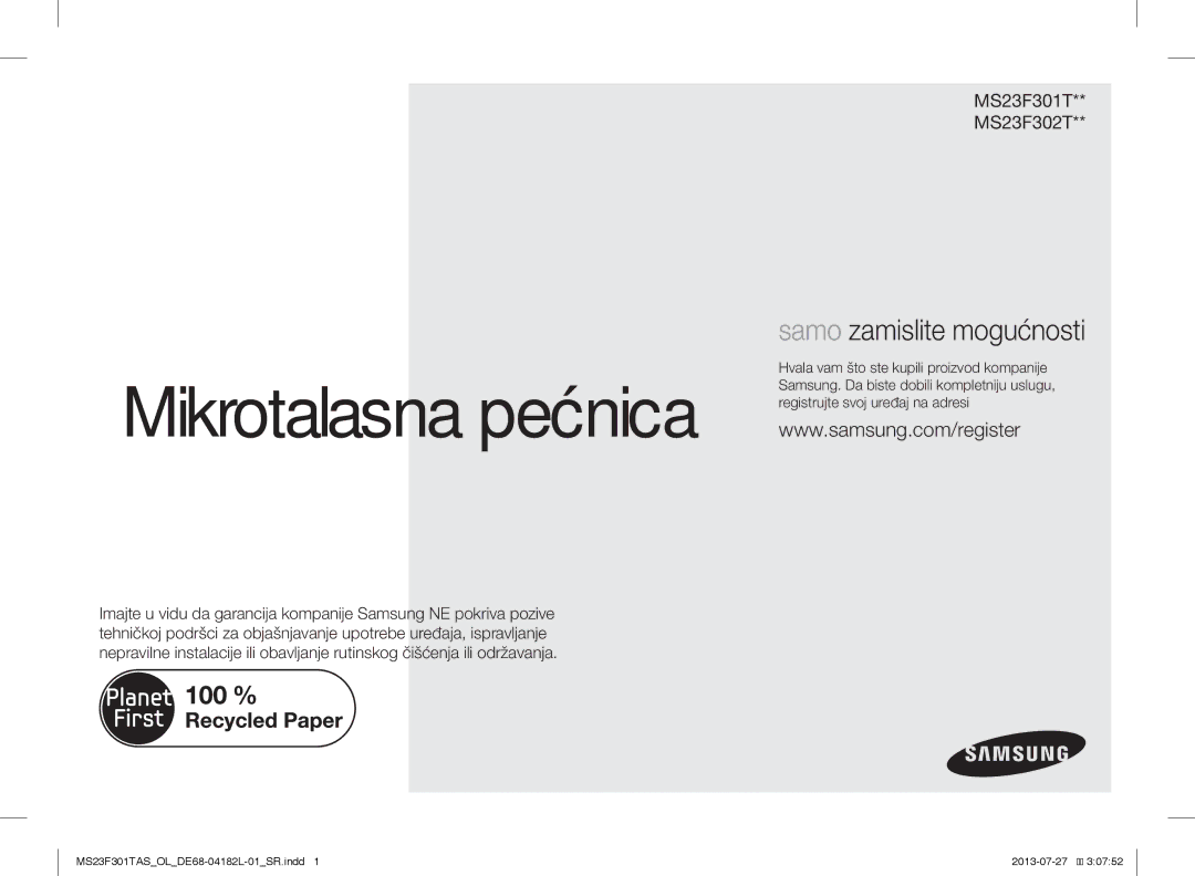 Samsung MS23F301TAW/OL, MS23F301TAS/EO, MS23F301TAK/ZA, MS23F301TAS/OL, MS23F301TAK/OL, MS23F301TAS/LI Mikrotalasna pećnica 