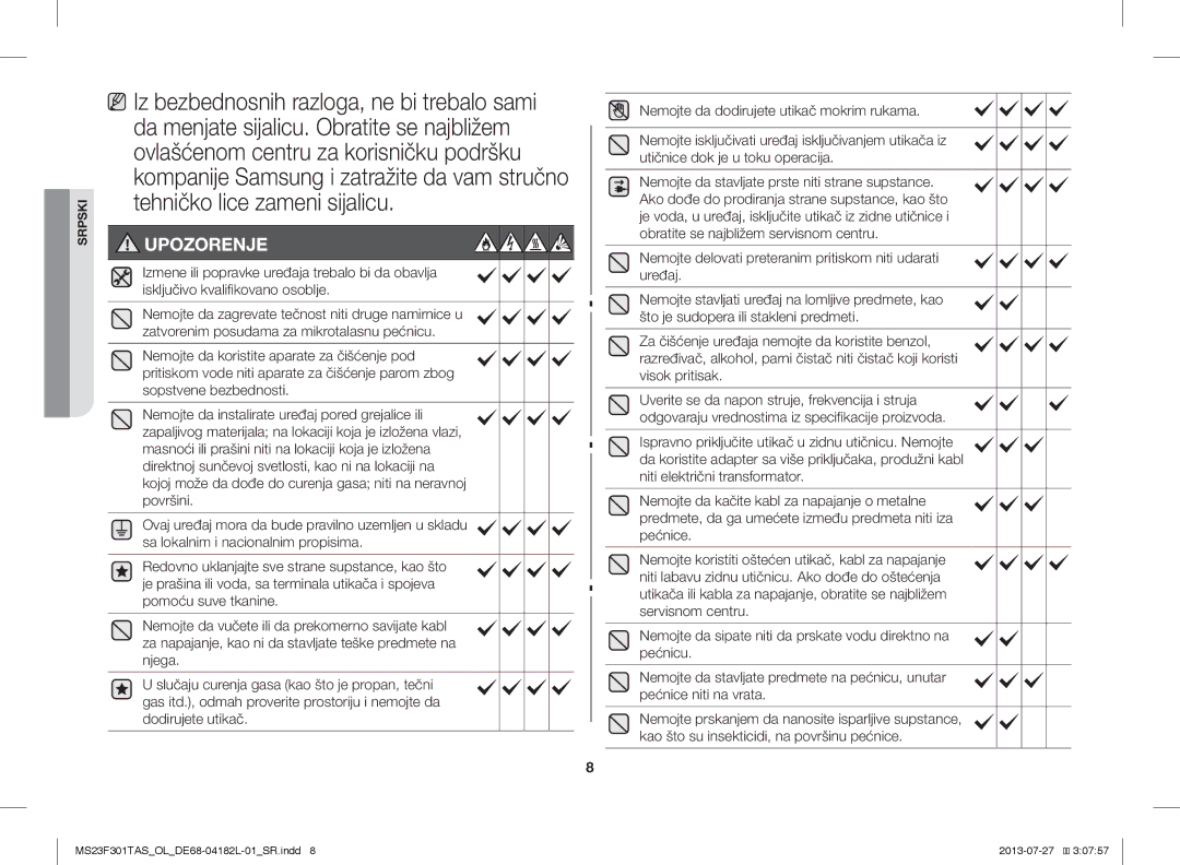 Samsung MS23F301TAW/OL, MS23F301TAS/EO, MS23F301TAK/ZA, MS23F301TAS/OL, MS23F301TAK/OL, MS23F301TAS/LI manual Upozorenje 