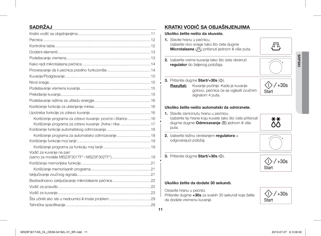 Samsung MS23F301TAS/EO Kratki Vodič SA Objašnjenjima, Ukoliko želite nešto da skuvate, Ukoliko želite da dodate 30 sekundi 