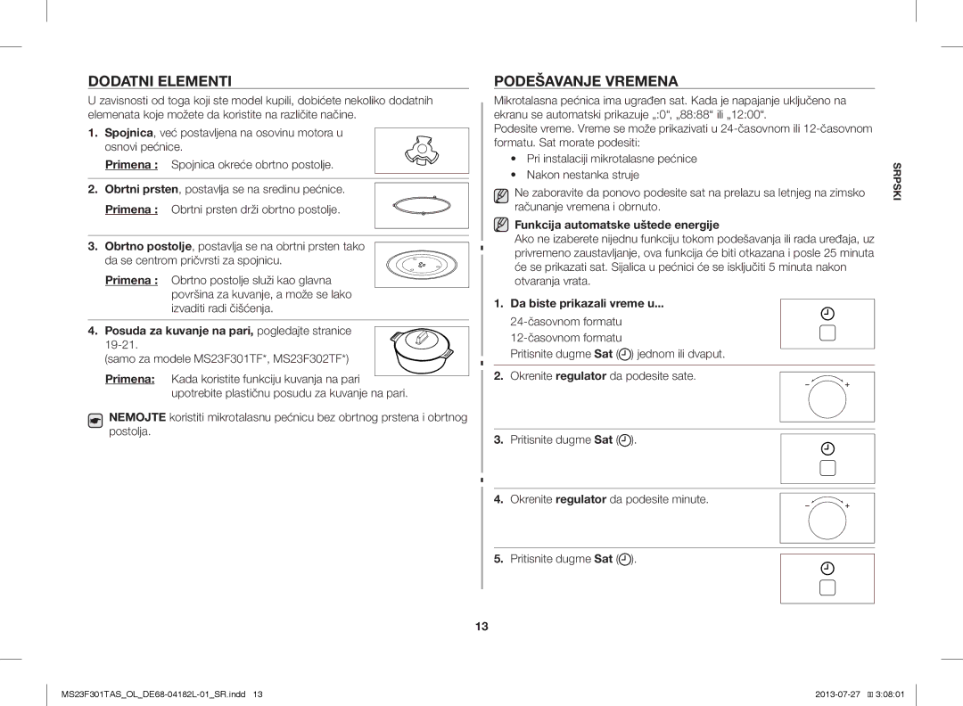 Samsung MS23F301TAS/OL manual Dodatni Elementi, Podešavanje Vremena, Posuda za kuvanje na pari, pogledajte stranice 