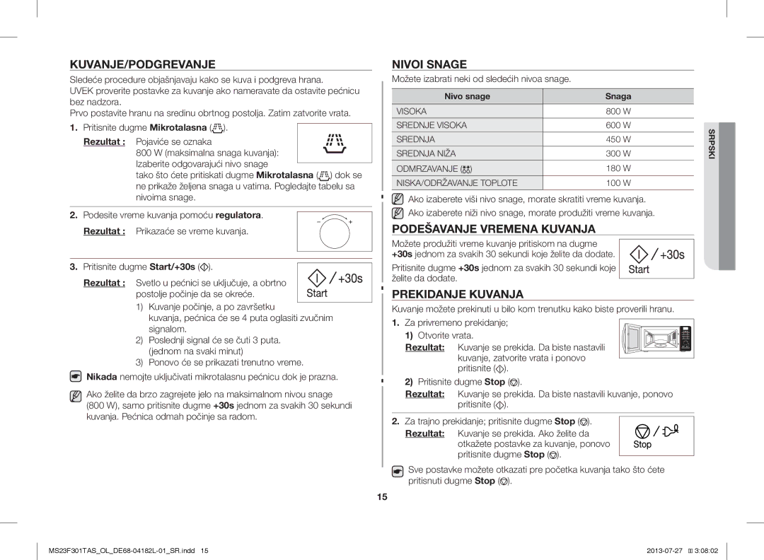 Samsung MS23F301TAW/OL, MS23F301TAS/EO Kuvanje/Podgrevanje, Nivoi Snage, Podešavanje Vremena Kuvanja, Prekidanje Kuvanja 