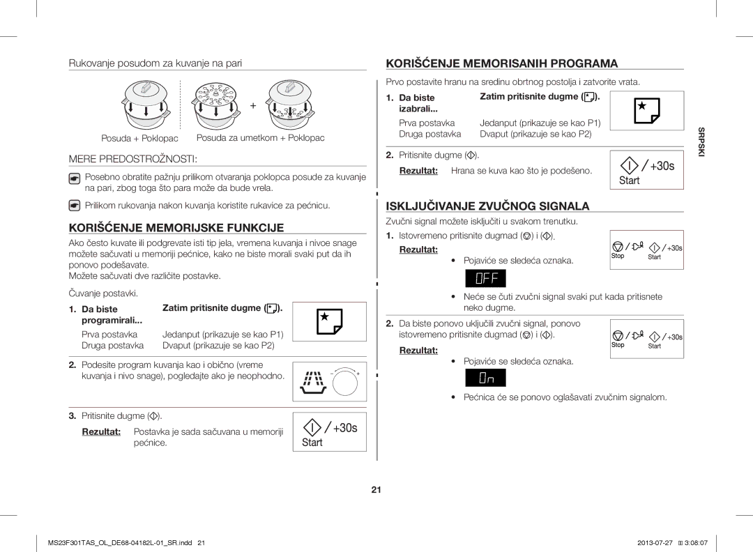 Samsung MS23F301TAK/OL manual Korišćenje Memorisanih Programa, Korišćenje Memorijske Funkcije, Mere Predostrožnosti 