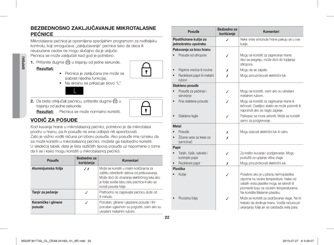 Samsung MS23F301TAW/OL, MS23F301TAS/EO, MS23F301TAK/ZA manual Bezbednosno Zaključavanje Mikrotalasne Pećnice, Vodič ZA Posuđe 