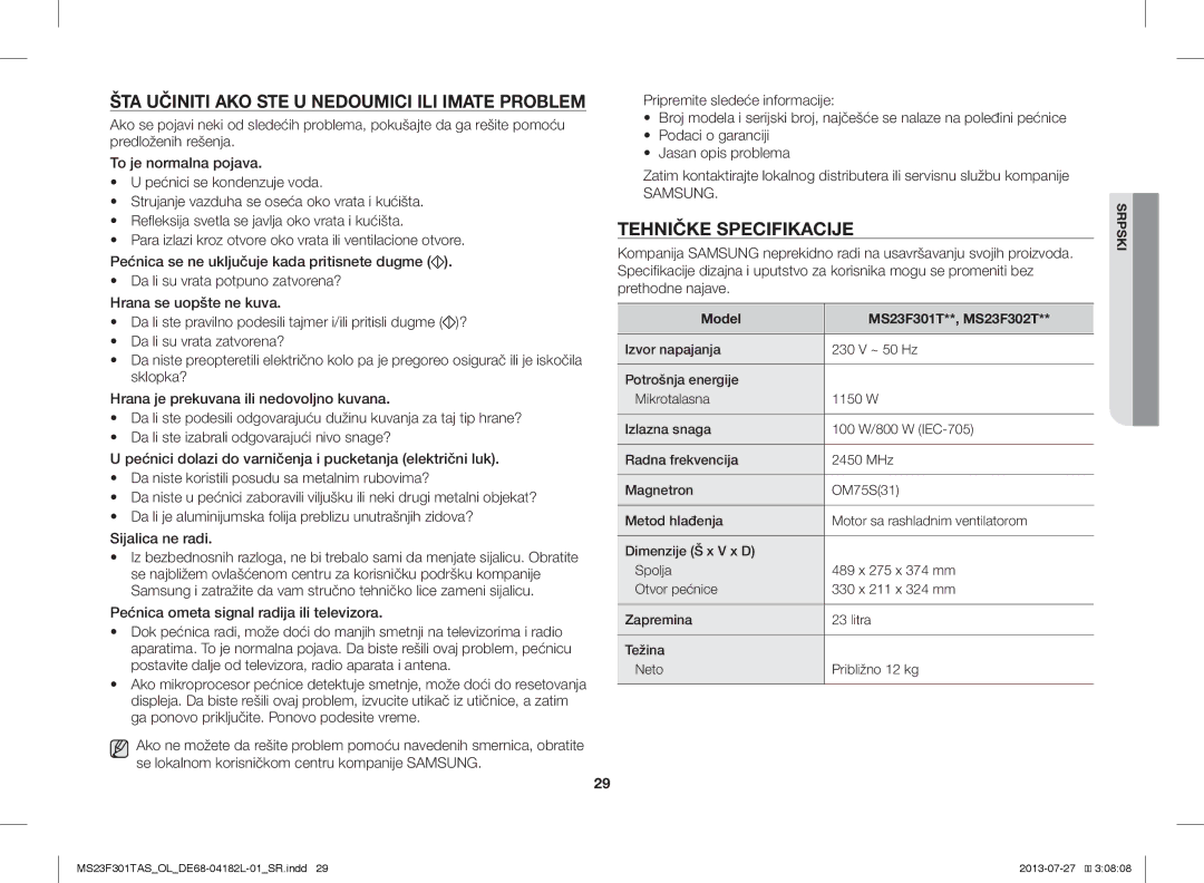 Samsung MS23F301TAW/OL, MS23F301TAS/EO, MS23F301TAK/ZA, MS23F301TAS/OL ŠTA Učiniti AKO STE U Nedoumici ILI Imate Problem 