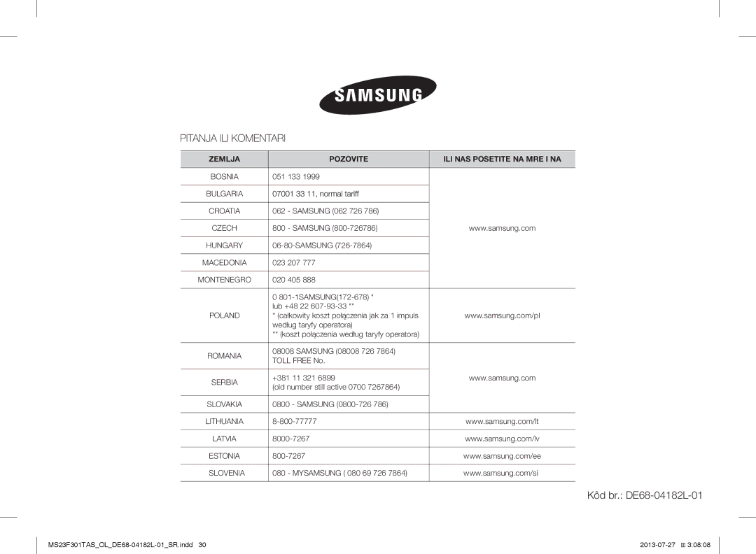 Samsung MS23F301TAS/LI, MS23F301TAS/EO, MS23F301TAK/ZA, MS23F301TAS/OL, MS23F301TAK/OL, MS23F301TAW/OL Kôd br. DE68-04182L-01 