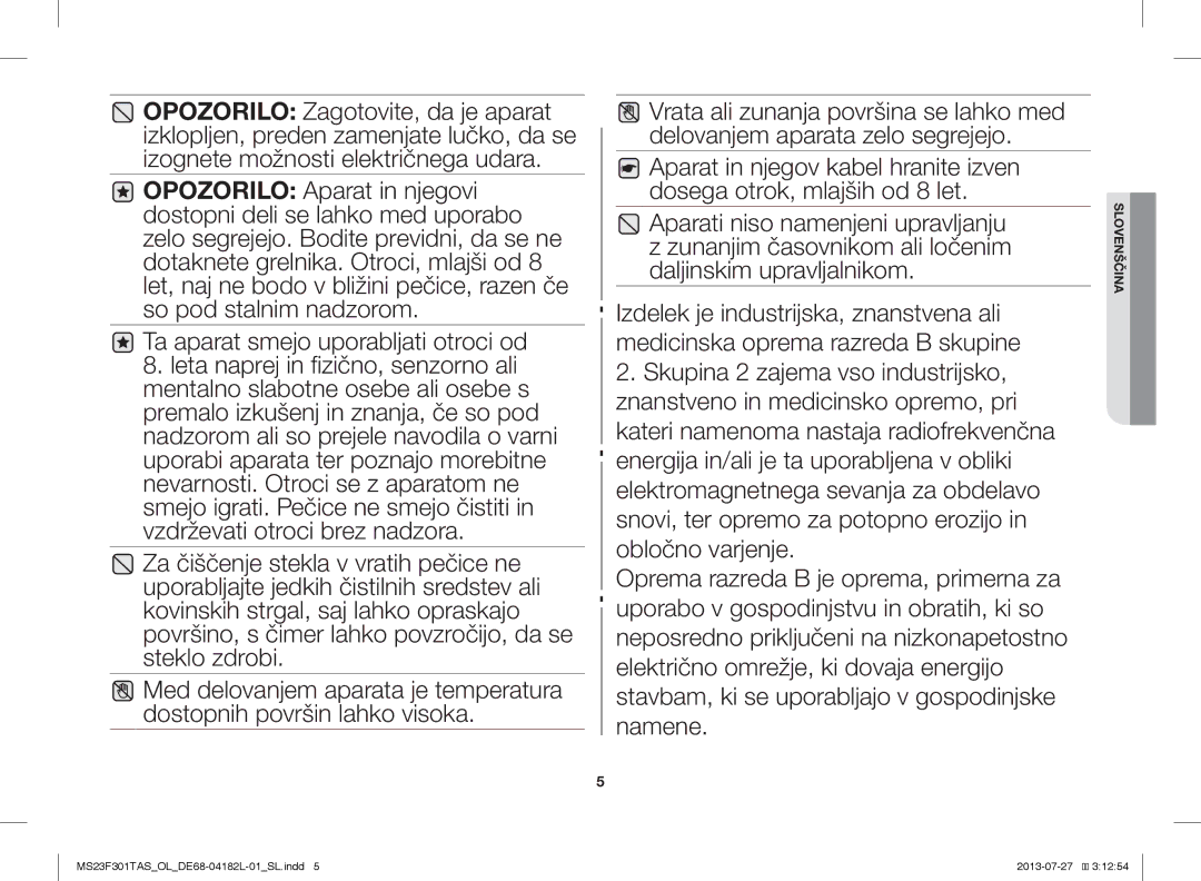 Samsung MS23F301TAK/OL, MS23F301TAS/EO, MS23F301TAK/ZA, MS23F301TAS/OL, MS23F301TAW/OL, MS23F301TAS/LI manual Slovenščina 