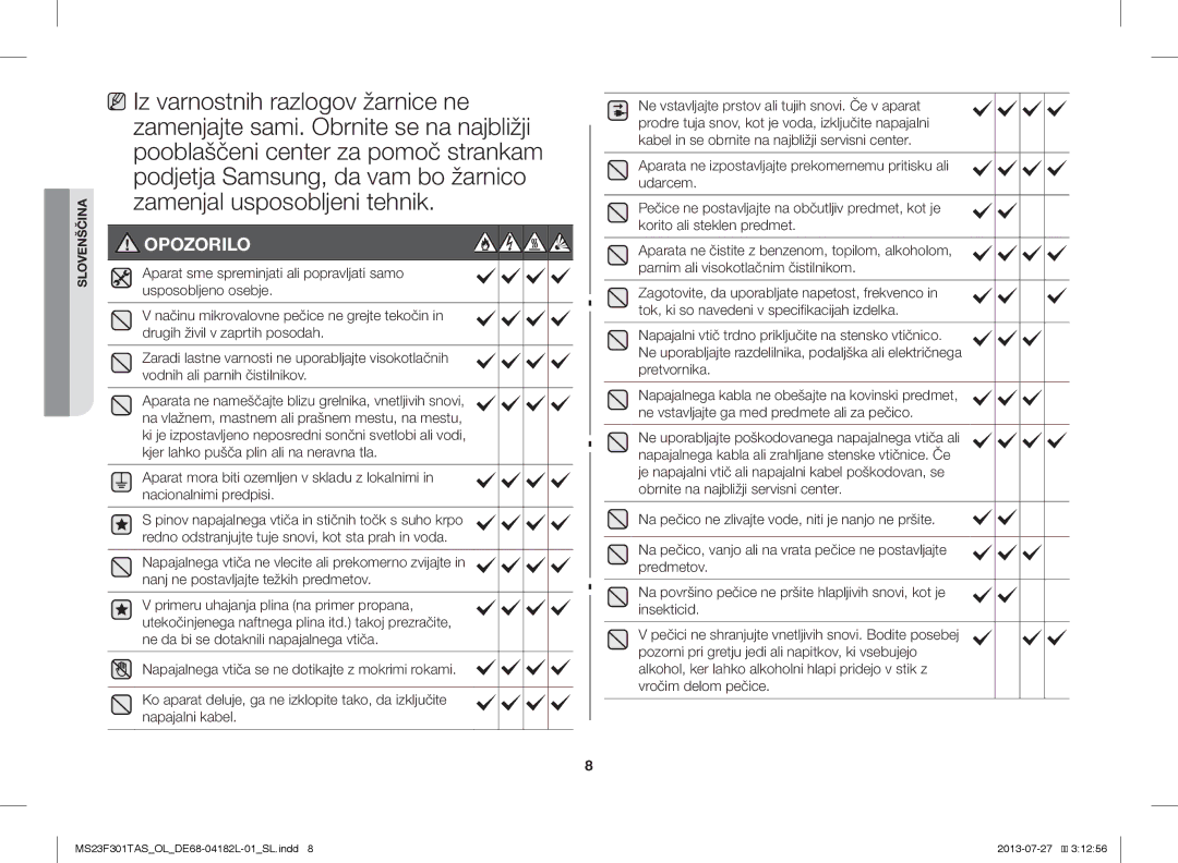 Samsung MS23F301TAK/LI, MS23F301TAS/EO, MS23F301TAK/ZA, MS23F301TAS/OL, MS23F301TAK/OL, MS23F301TAW/OL manual Opozorilo 