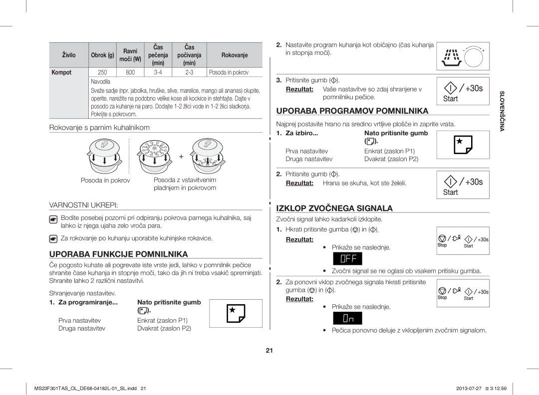 Samsung MS23F301TAS/LI, MS23F301TAS/EO Uporaba Programov Pomnilnika, Uporaba Funkcije Pomnilnika, Izklop Zvočnega Signala 