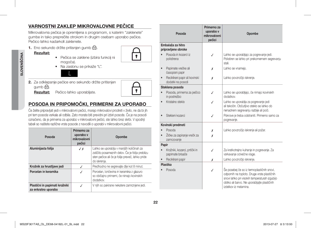 Samsung MS23F301TAK/LI, MS23F301TAS/EO Varnostni Zaklep Mikrovalovne Pečice, Posoda in PRIPOMOČKI, Primerni ZA Uporabo 