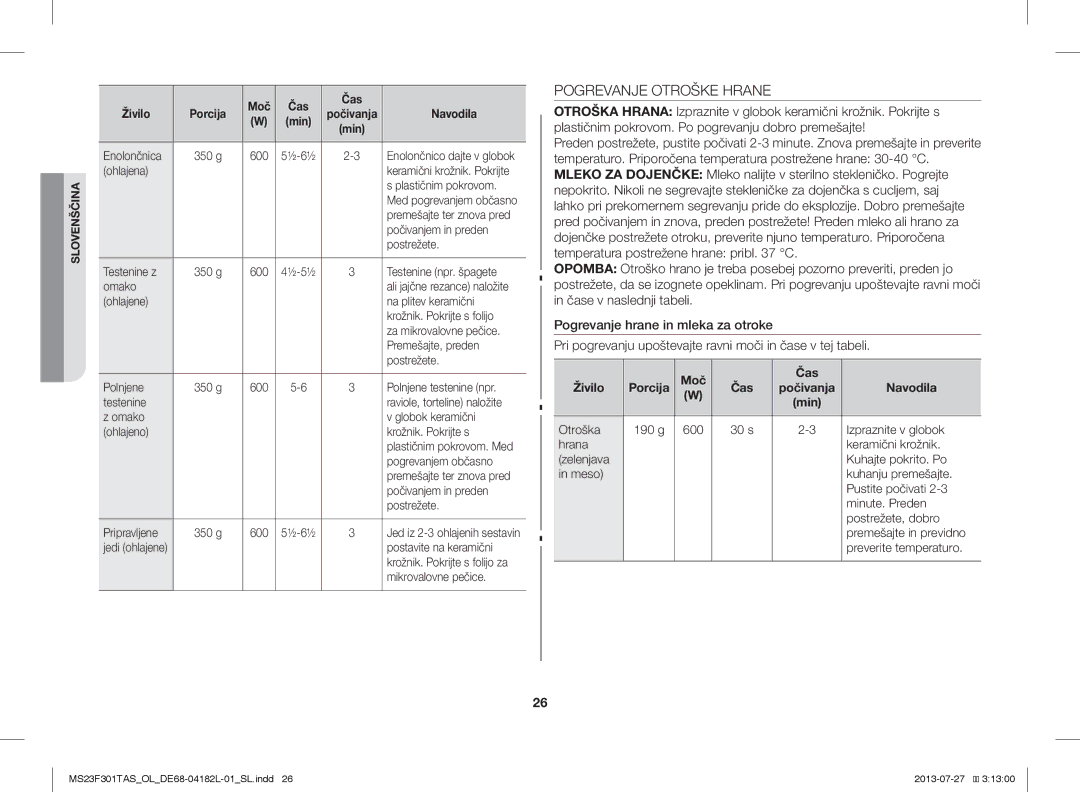 Samsung MS23F301TAK/OL, MS23F301TAS/EO, MS23F301TAK/ZA, MS23F301TAS/OL, MS23F301TAW/OL manual Pogrevanje Otroške Hrane 