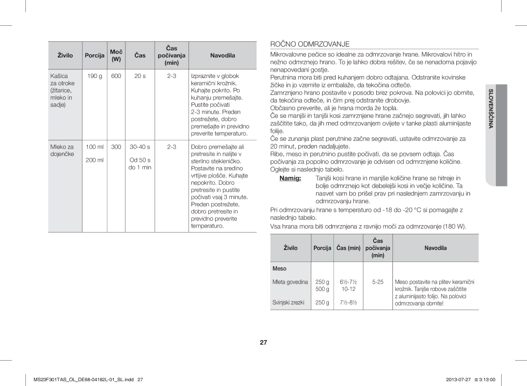 Samsung MS23F301TAW/OL, MS23F301TAS/EO, MS23F301TAK/ZA, MS23F301TAS/OL, MS23F301TAK/OL manual Ročno Odmrzovanje, Čas Živilo 