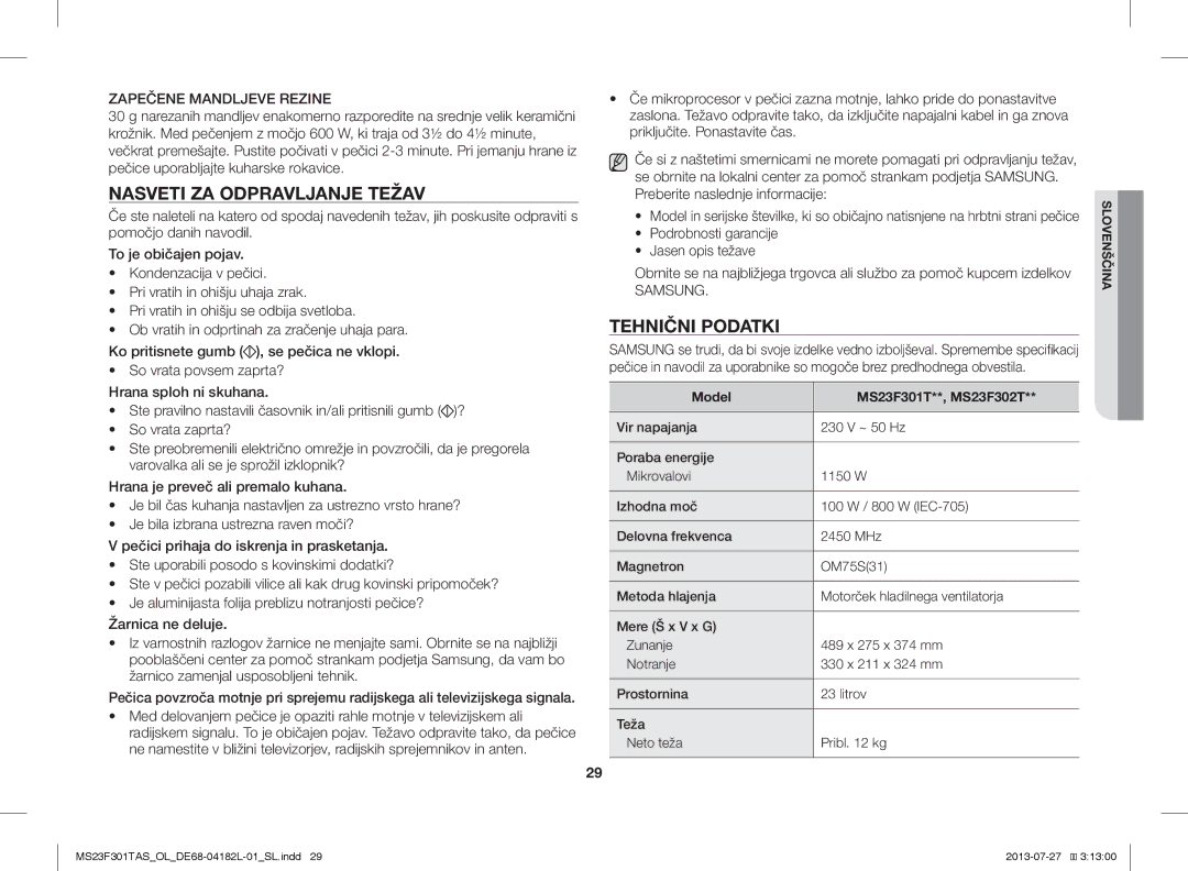 Samsung MS23F301TAK/LI, MS23F301TAS/EO manual Nasveti ZA Odpravljanje Težav, Tehnični Podatki, Zapečene Mandljeve Rezine 