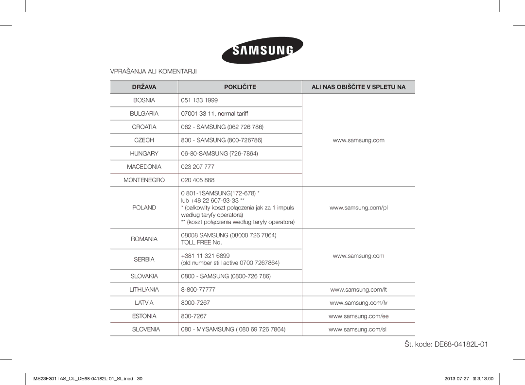 Samsung MS23F301TAS/EO, MS23F301TAK/ZA, MS23F301TAS/OL, MS23F301TAK/OL Vprašanja ALI Komentarji, Št. kode DE68-04182L-01 