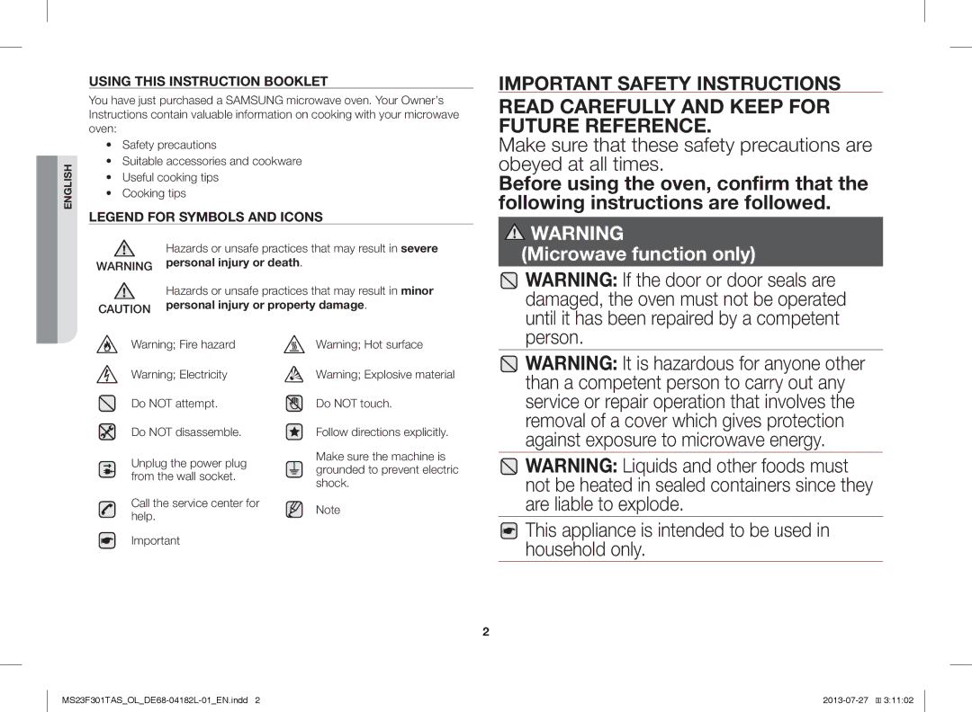 Samsung MS23F301TAS/OL, MS23F301TAS/EO Read Carefully and Keep for Future Reference, Personal injury or property damage 