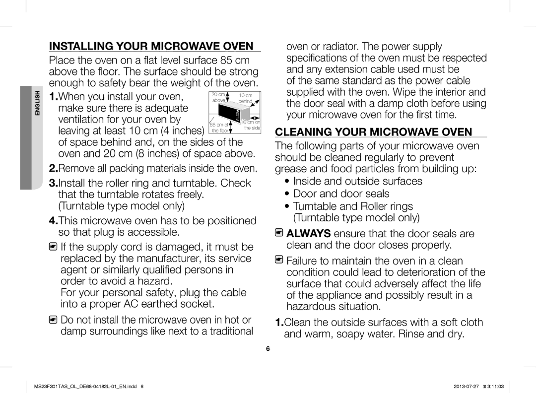 Samsung MS23F301TAK/LI, MS23F301TAS/EO, MS23F301TAK/ZA manual Installing Your Microwave Oven, Cleaning Your Microwave Oven 