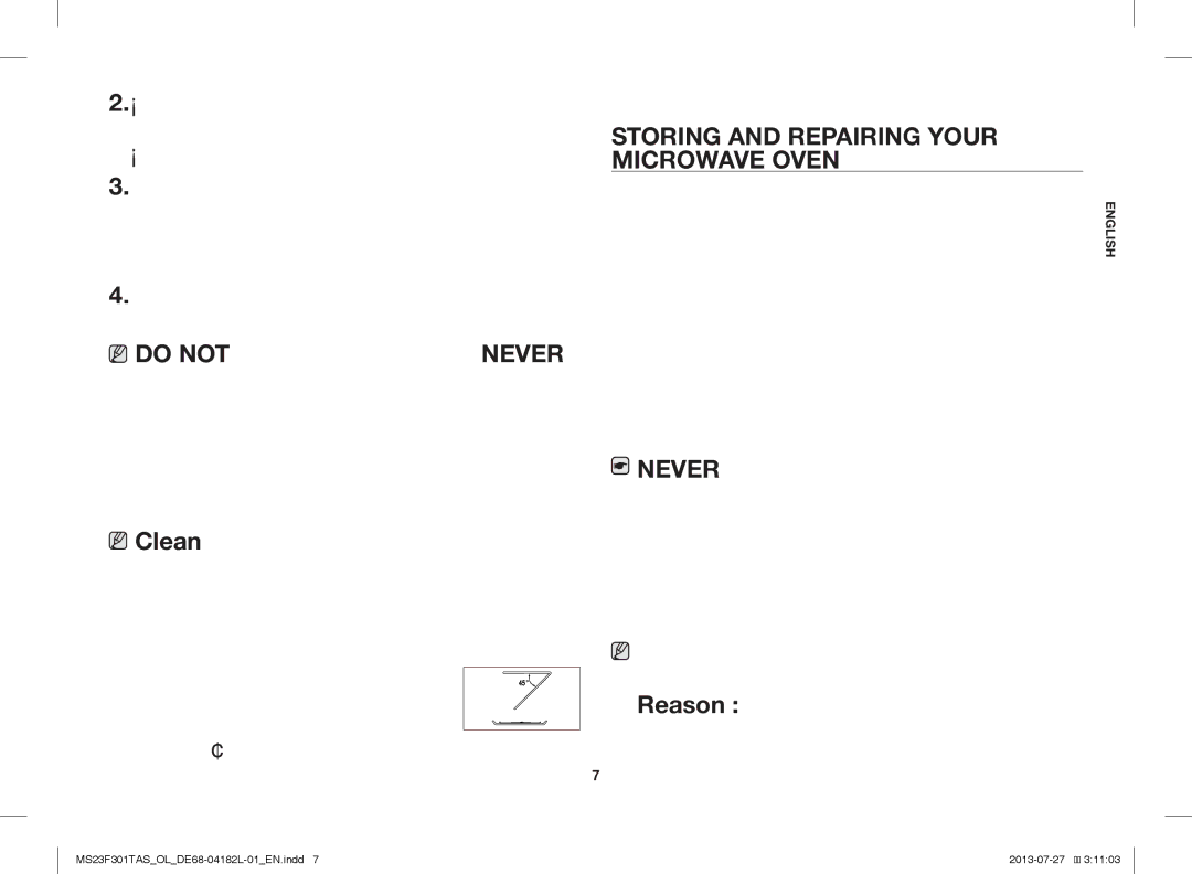 Samsung MS23F301TAS/EO, MS23F301TAK/ZA, MS23F301TAS/OL, MS23F301TAK/OL manual Storing and Repairing Your Microwave Oven 