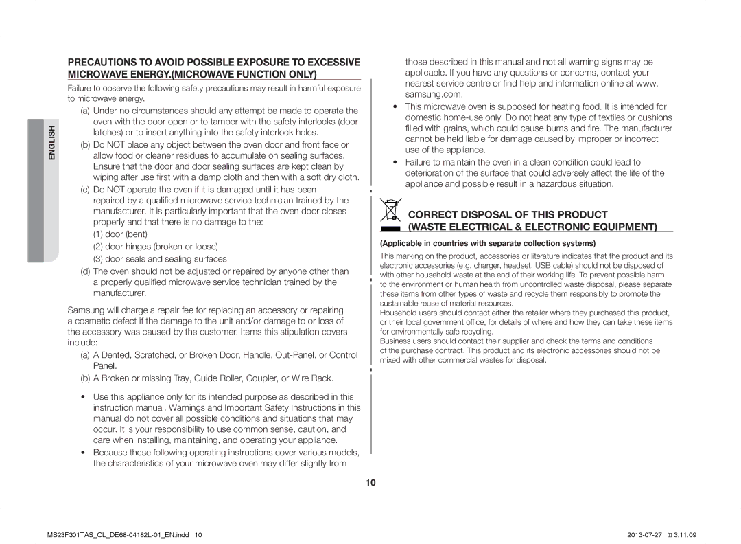 Samsung MS23F301TAK/OL, MS23F301TAS/EO, MS23F301TAK/ZA manual Applicable in countries with separate collection systems 