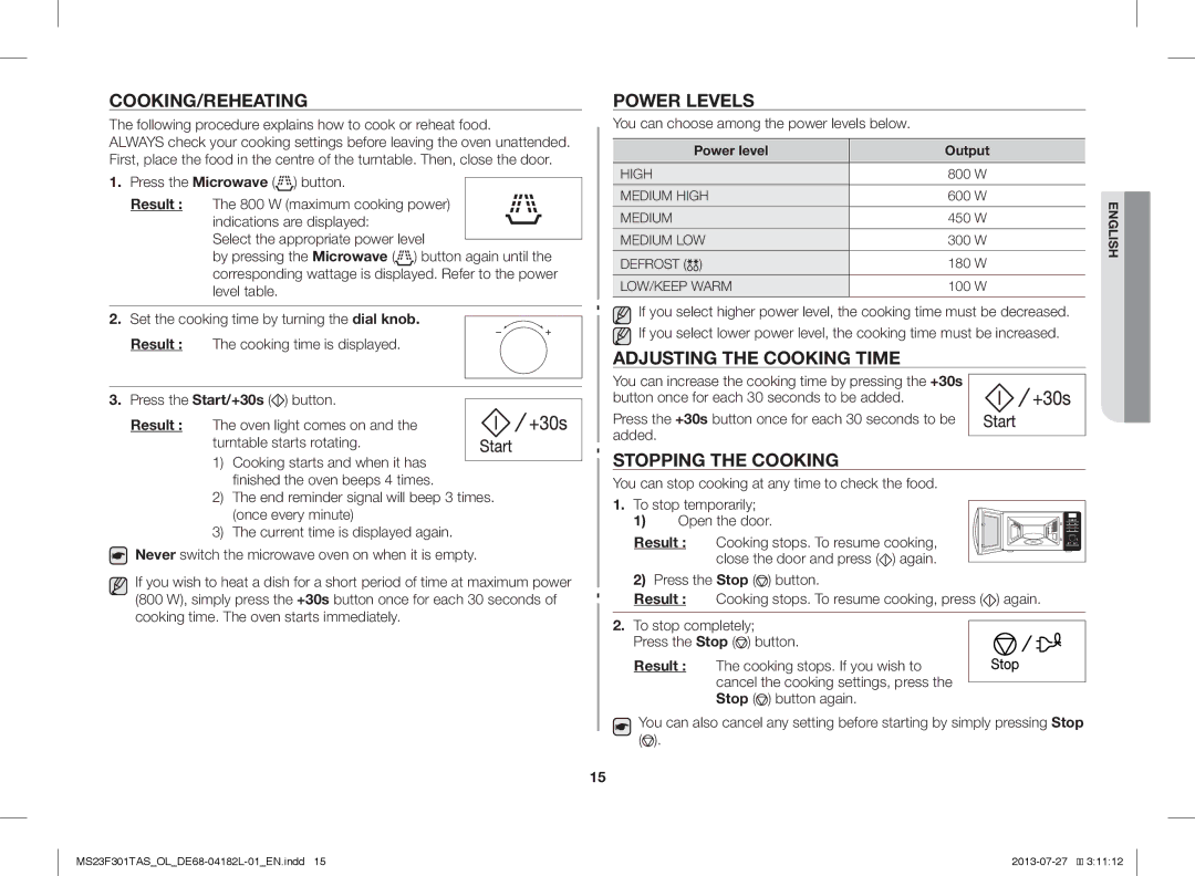 Samsung MS23F301TAK/ZA manual Cooking/Reheating, Power Levels, Adjusting the Cooking Time, Stopping the Cooking, Result 