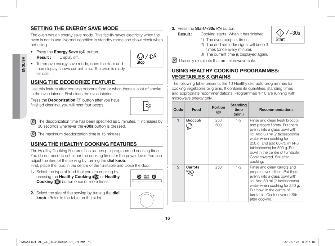 Samsung MS23F301TAS/OL manual Setting the Energy Save Mode, Using the Deodorize Feature, Using the Healthy Cooking Features 