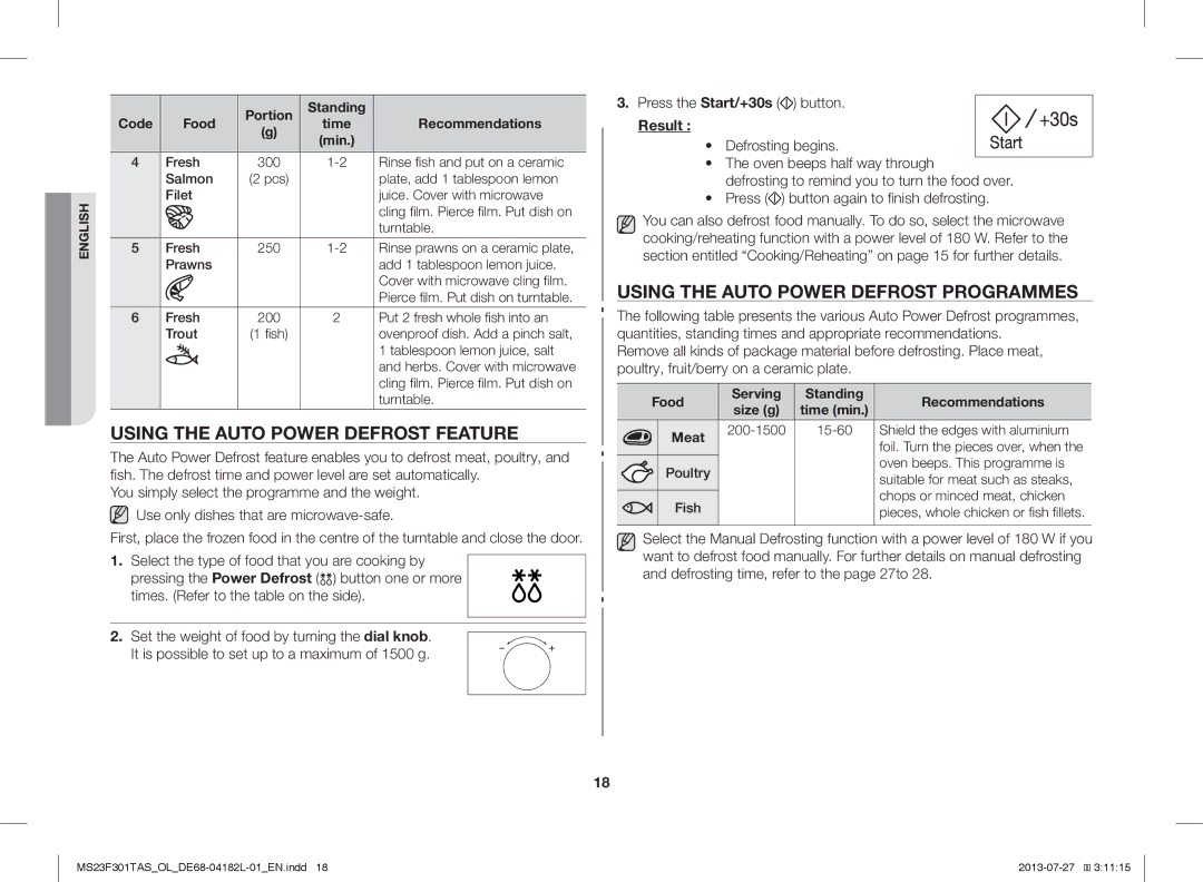Samsung MS23F301TAW/OL, MS23F301TAS/EO Using the Auto Power Defrost Feature, Using the Auto Power Defrost Programmes, Meat 