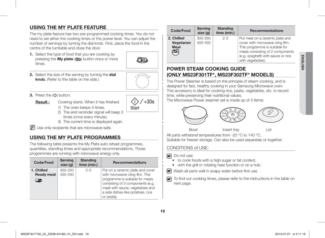 Samsung MS23F301TAS/LI, MS23F301TAS/EO, MS23F301TAK/ZA manual Using the MY Plate Feature, Using the MY Plate Programmes 